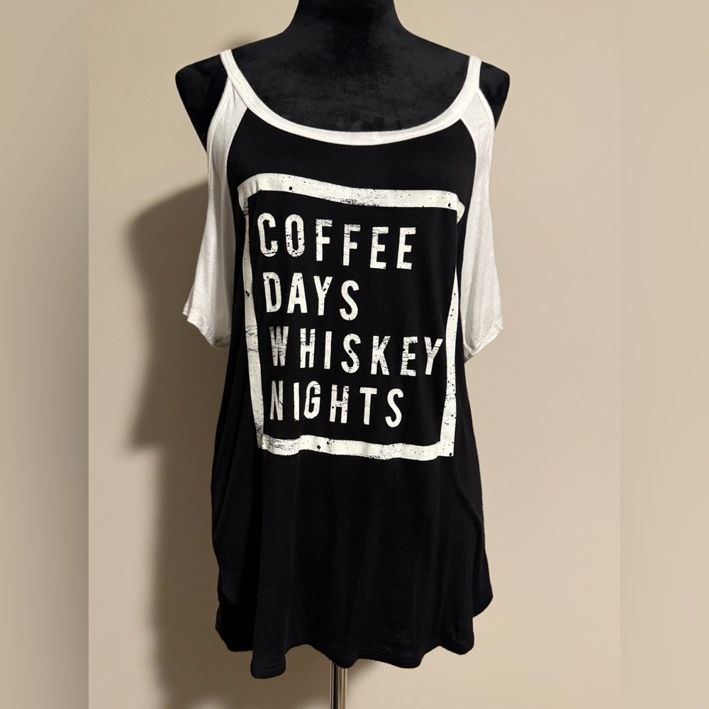 EUC Scotty Black and White Coffee Days Whiskey Nights Cold Shoulder Top size XL